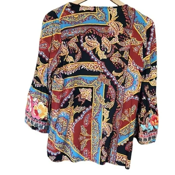 Savanna Jane Boho Floral Embroidered Paisley Bell Sleeve Black Top Size Small - Picture 4 of 13